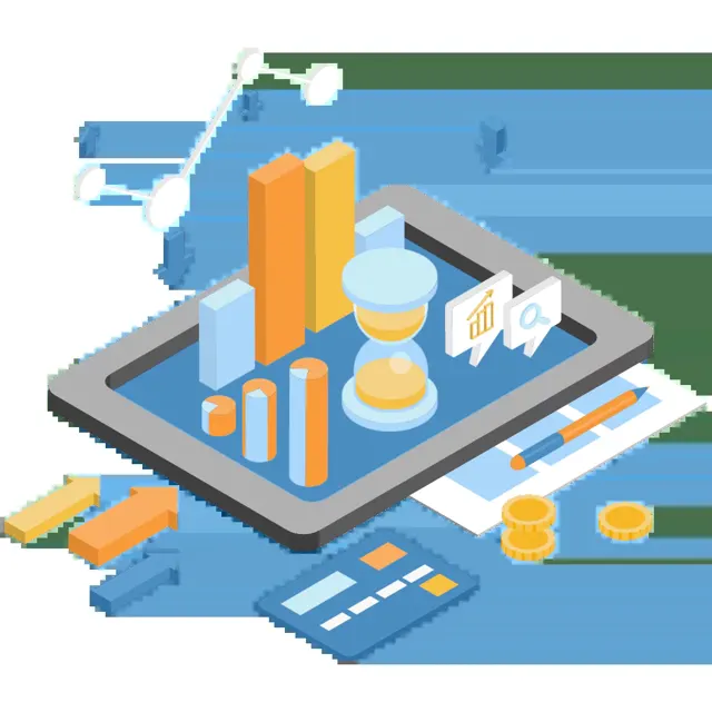 Illustration of charts and a tablet showing financial reports